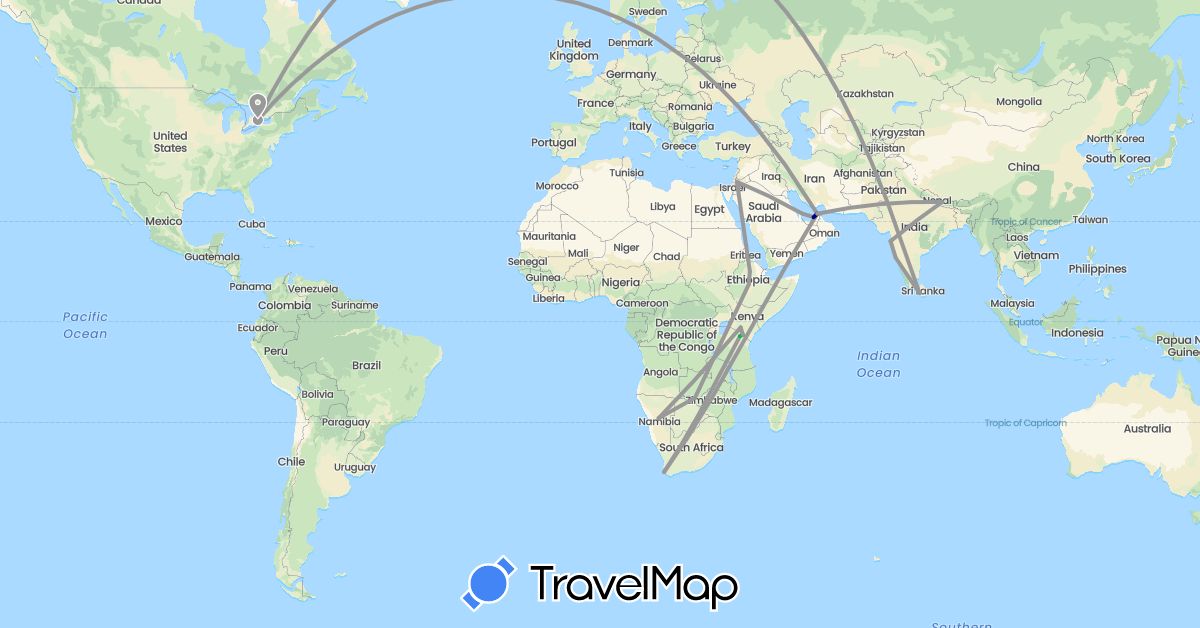 TravelMap itinerary: driving, bus, plane in United Arab Emirates, Canada, Ethiopia, India, Jordan, Kenya, Sri Lanka, Namibia, Nepal, Qatar, Tanzania, South Africa, Zimbabwe (Africa, Asia, North America)